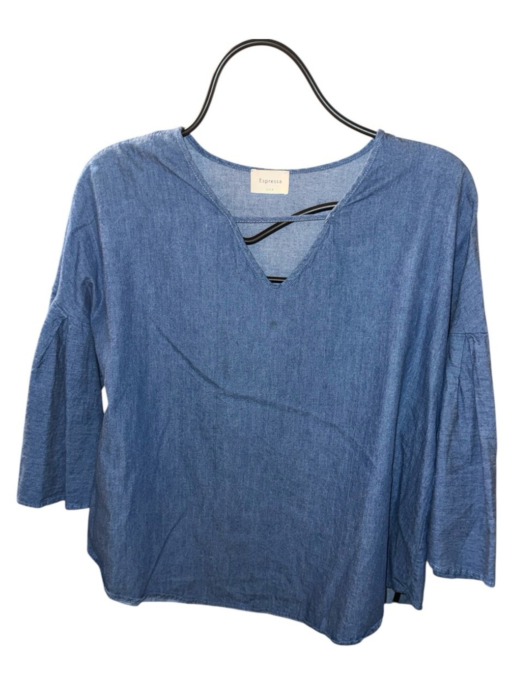 Espressa Blue Denim-Style V-Neck Tunic with Strappy Back Detail